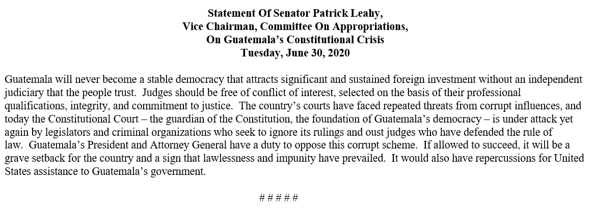 The integrity of Guatemala’s Constitutional Court, the ultimate protector of the country’s democracy, is under attack. Guatemala’s President and Attorney General have a duty to defend it. My full statement: leahy.senate.gov/press/statemen…