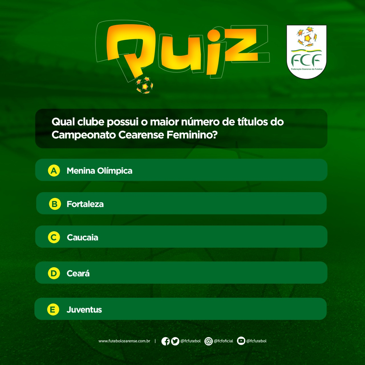 FCF on X: Todas as terças-feiras, um Quiz para o Fã de Futebol ficar ainda  mais por dentro dos times, dos campeonatos, dos jogadores, dos dirigentes e  das peculiaridades do nosso futebol.