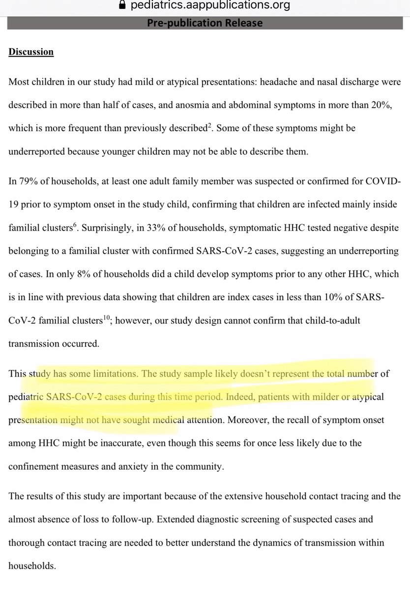 6/ The limitations of this study note that it does not include mild or asymptomatic pediatric cases that didn't seek medical attention. So, it doesn't capture data for children with few or no symptoms spreading COVID-19 to adults, which is, arguably, the area of highest concern.