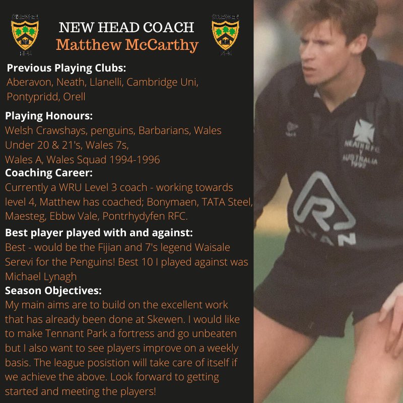 Skewenrfc's tweet photo. 🔶◼️ HEAD COACH 🔶◼️

We are pleased to announce that Matthew McCarthy has agreed to become Skewen RFC new head coach

Matthew brings a lot of experience to Skewen after playing and coaching at a high level and we are all excited at the club for the forthcoming season! https://t.co/6n69aPx5TZ