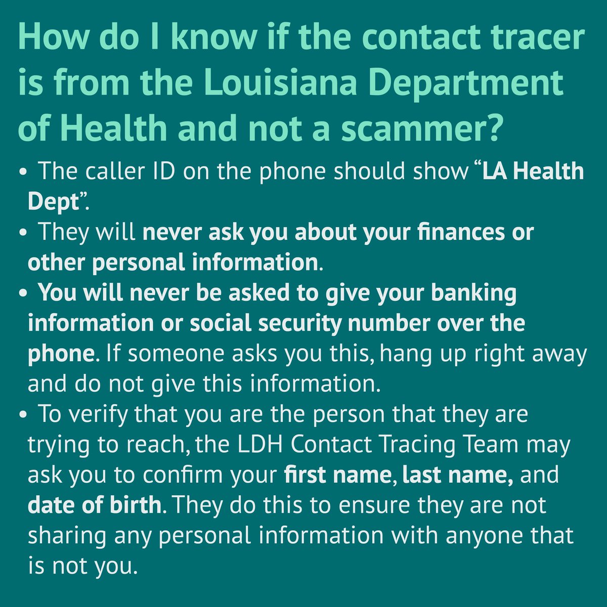LADeptHealth's tweet image. Contact tracers will call you from 877-766-2130 and won't ask you for financial information. Contact tracing will help slow the spread of COVID-19. #COVID19 #ContactTracing buff.ly/2YK9LYD