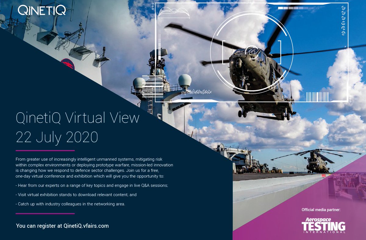 QinetiQ's tweet photo. Delighted to be working with @AeroTestingMag for our Virtual View event on 22nd July 2020. Sign up here: https://t.co/Af54e1jseq #QinetiQVirtualView #MissionLedInnovation https://t.co/dGwkkAG3wx