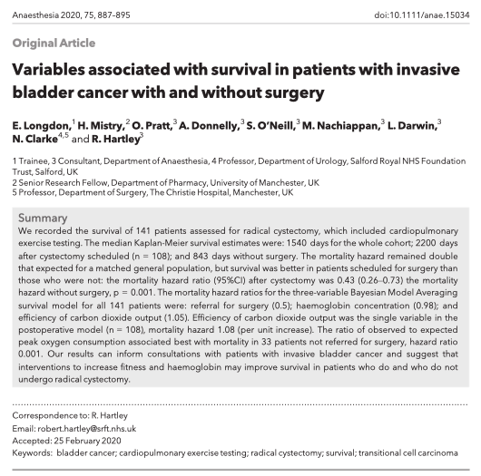 𝘈𝘯𝘢𝘦𝘴𝘵𝘩𝘦𝘴𝘪𝘢 Variables Associated With Survival In Patients With Invasive Bladder Cancer With And Without Surgery This Great New Paper From Nw Anaesthesia Is Now Freeforaday T Co Blgzrfjicf T Co Za7l9ztwbx