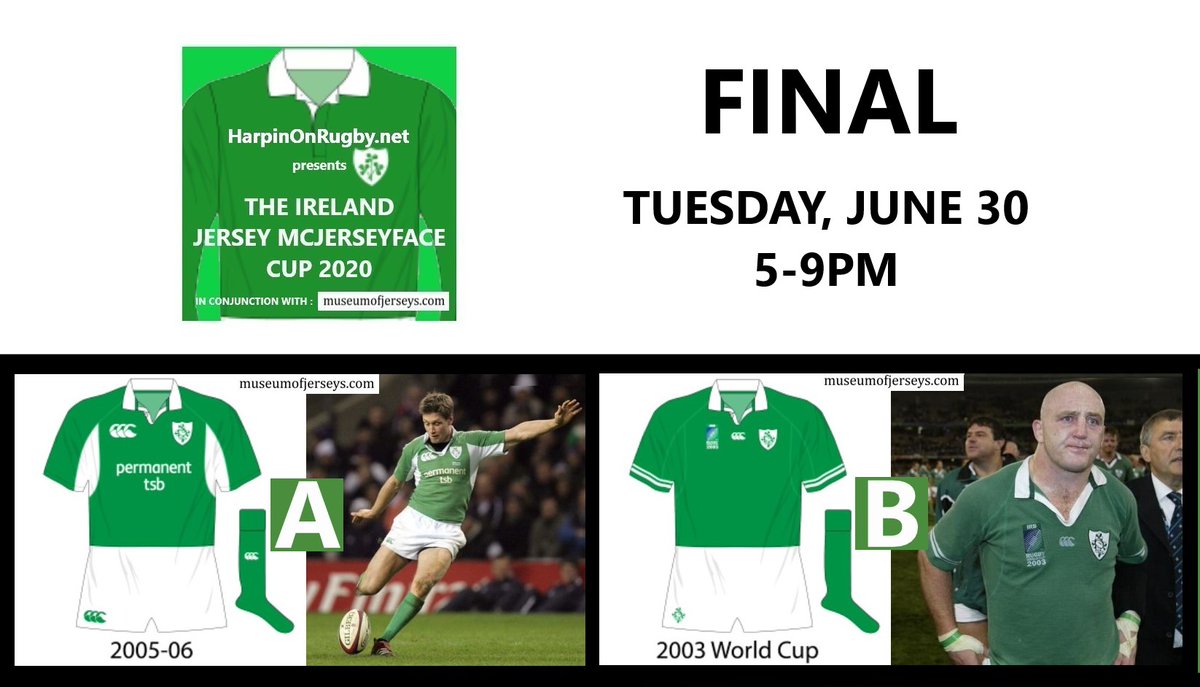 Harpin' On Rugby (@harpinonrugby) on Twitter photo It's time for the FINAL of the Ireland Jersey McJerseyface Cup.
We launched on June 8 when we had 39 jerseys. Now we have two left, "Triple Crown 2006" and "RWC2003".
Graphics courtesy of <a href="/museumofjerseys/">Museum of Jerseys</a>
Vote for your preferred design in the next tweet in the thread π It's time for the FINAL of the Ireland Jersey McJerseyface Cup.
We launched on June 8 when we had 39 jerseys. Now we have two left, "Triple Crown 2006" and "RWC2003".
Graphics courtesy of <a href="/museumofjerseys/">Museum of Jerseys</a>
Vote for your preferred design in the next tweet in the thread π