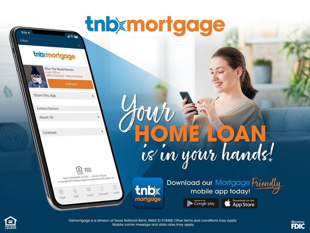TNB1920's tweet photo. Your home loan is in your hands! Our easy-to-use mobile app provides a convenient way of being in control of your mortgage loan process. Our #tnbmortgage team is ready to assist you. Download it today!

We Make Mortgages Easy and Friendly!

☎️ 956-731-MTG1 (6841)

#TNBMortgage https://t.co/KX8rCXiTYF