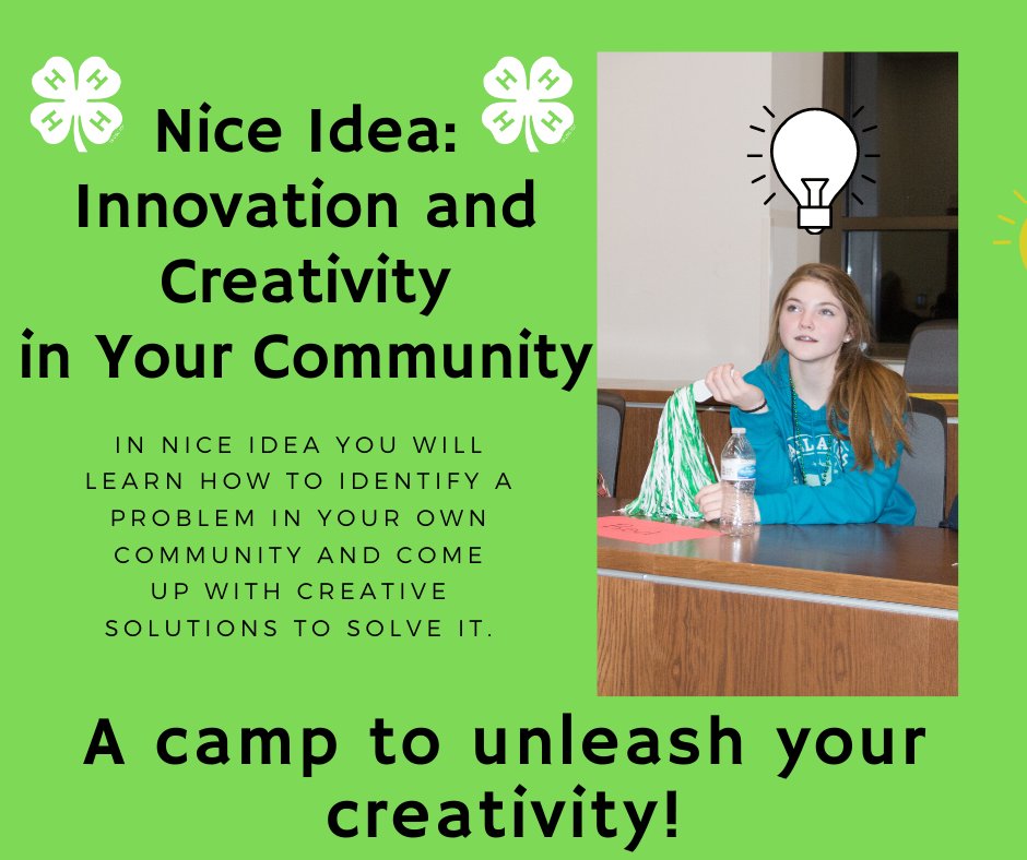 NDstate4H's tweet photo. Join us for the Virtual Nice Idea: Innovation and Creativity in Your Community Camp on July 27-30. This camp is for ages 13 and older and it will be held from 10 am to noon.

Register on 4honline at: https://t.co/nYXhCnfXbJ https://t.co/YTQczrah2M