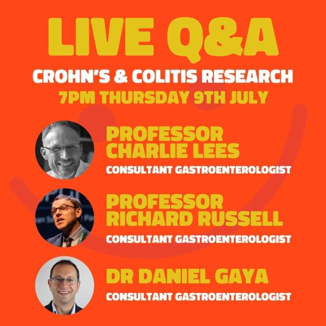 Next live Q&amp;A will focus on Crohn's &amp; Colitis research with <a href="/charlie_lees/">Charlie Lees</a> Richard Russell &amp; Daniel Gaya..

#allinforcrohnsandcolitis