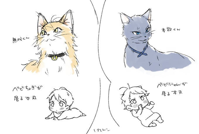 赤子と猫が戯れる動画を見てたら手が勝手に。
にゃんによく似た猫とベビちょぎがいる本丸と、ちょぎによく似た猫とベビにゃんがいる本丸でそれぞれのベビ達が猫と一緒にすくすく育つ様子を観察するだけのお話描きたい。猫描けるようになろう。 
