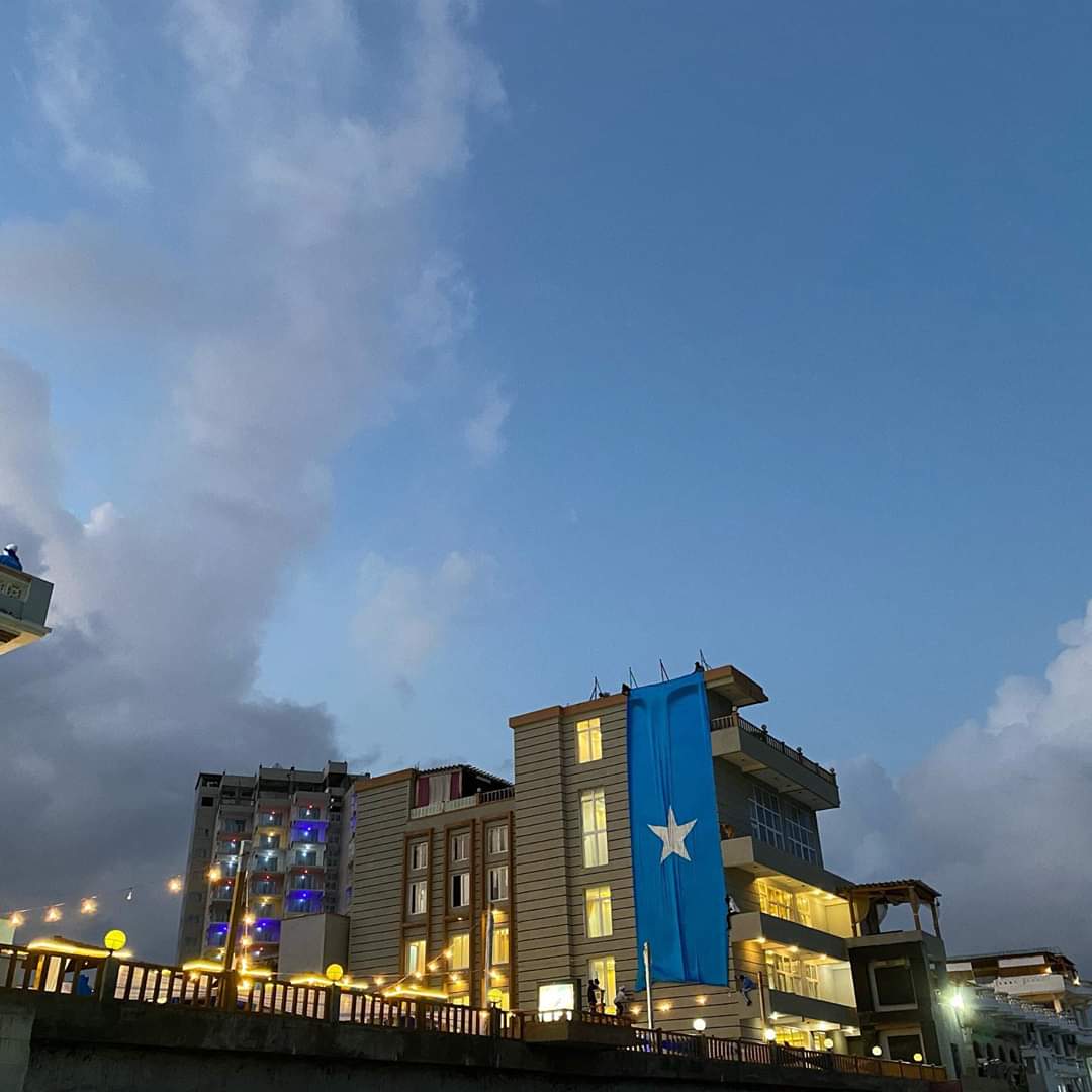 A Massive Somali Flag Hangs from the Roof of Elite Hotel in Mogadishu to celebrate 60th Independence Anniversary