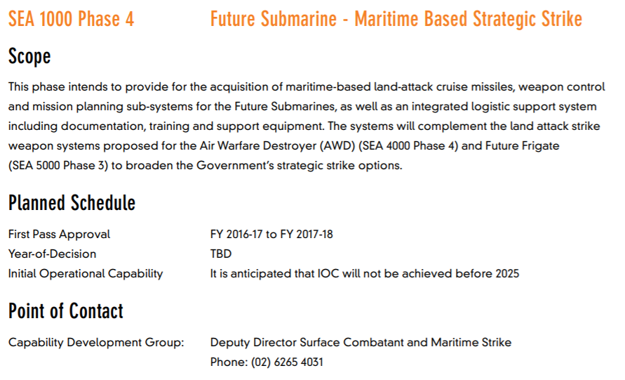 Coupled with this bit from the 2012 Defence Capability Plan for the  #SEA1000  #FutureSubmarine that didn't go ahead AFAIK (or has been thrown into the world of classified  #submarine weapons. Either way, deadline well missed.) Future frigate et al to also get LACM capability.