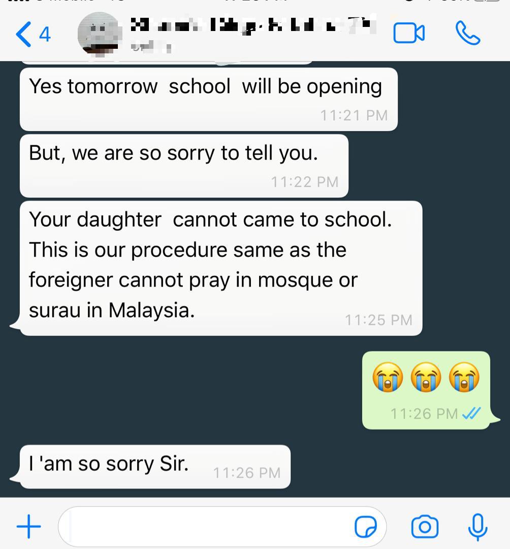 image of Shocking WhatsApp message received by #Rohingya #refugee in #Malaysia -  a parent of a 6yr old child. School informs him that it will be opening tomorrow & then says his kid cannot attend. Malaysians have lost their moral compass. 