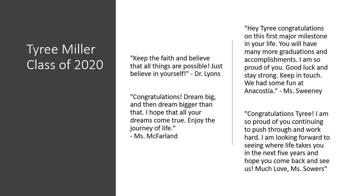 AnacostiaHigh's tweet photo. These memories &amp; dedications remind us that high school graduation is just the first step in a long journey.  Kamari, we are excited to see what's next for you &amp; how you use your intelligence at the next level. Tyree, we know you'll work hard to attain your future goals! #WhyAna https://t.co/EjHSu2kdWs