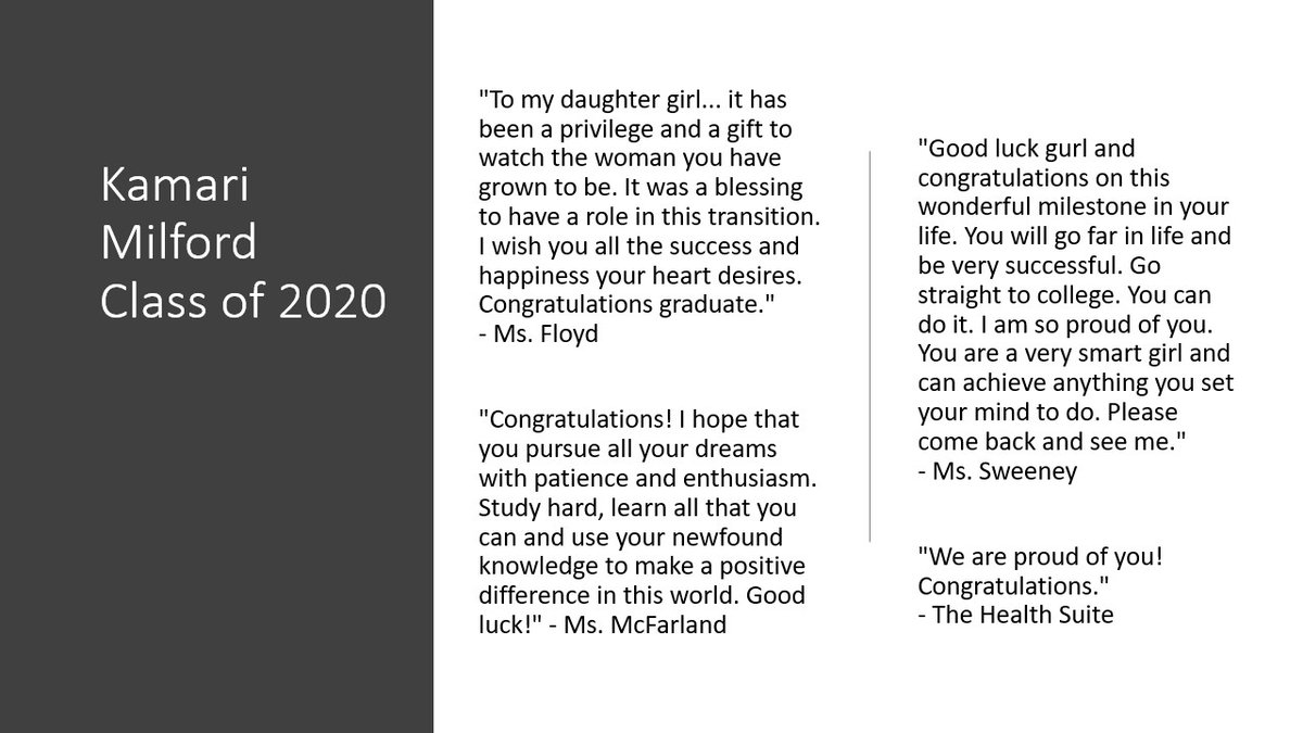 AnacostiaHigh's tweet photo. These memories &amp; dedications remind us that high school graduation is just the first step in a long journey.  Kamari, we are excited to see what's next for you &amp; how you use your intelligence at the next level. Tyree, we know you'll work hard to attain your future goals! #WhyAna https://t.co/EjHSu2kdWs