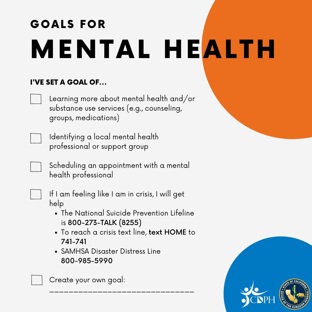 Ca Public Health On Twitter Setting Clear Specific Goals Can Help You Focus And Keep You On Track Here Are Some Goals You Can Incorporate Into Your Daily Routine For Mental Health