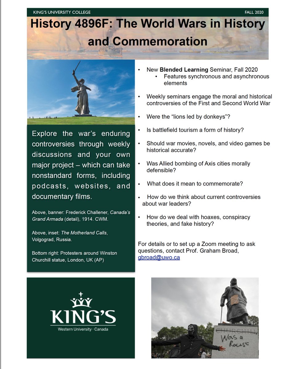 history_kings's tweet photo. New course this fall in History @kingsatwestern: "The World Wars in History and Commemoration" a blended learning 4th year seminar taught by @ProfessorBroad. See the poster below for details! https://t.co/kaAuLzUCn8