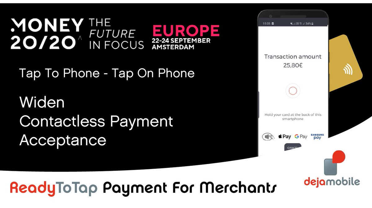 Dejamobile will be showcasing its new #contactlesspayment acceptance solution at <a href="/money2020/">Money20/20</a> Europe on Sept 22 &amp; 24. Planning to visit ? Discuss with our team today ==> bit.ly/2Bs5xfo