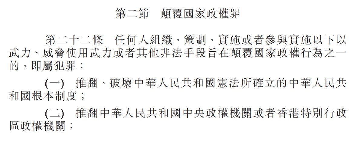 Subversion of state powerArticle 22: Any individual who organises, plans, carries out or participates in the following activities by using force, the threat of force or other unlawful means with the aim of subverting state power, commits an offence:(1/5)