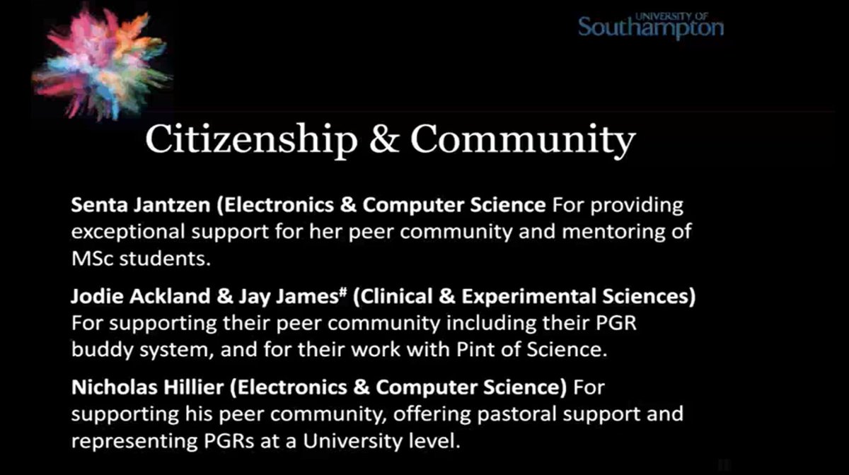 Congratulations <a href="/JodieAckland/">Jodie Ackland</a> and Jay James for your  <a href="/UoSDocCollege/">The Doctoral College</a>  Citizenship and Community award, very well done! 🎉🥂 <a href="/UoS_Medicine/">Southampton Medicine</a> #PGRfest