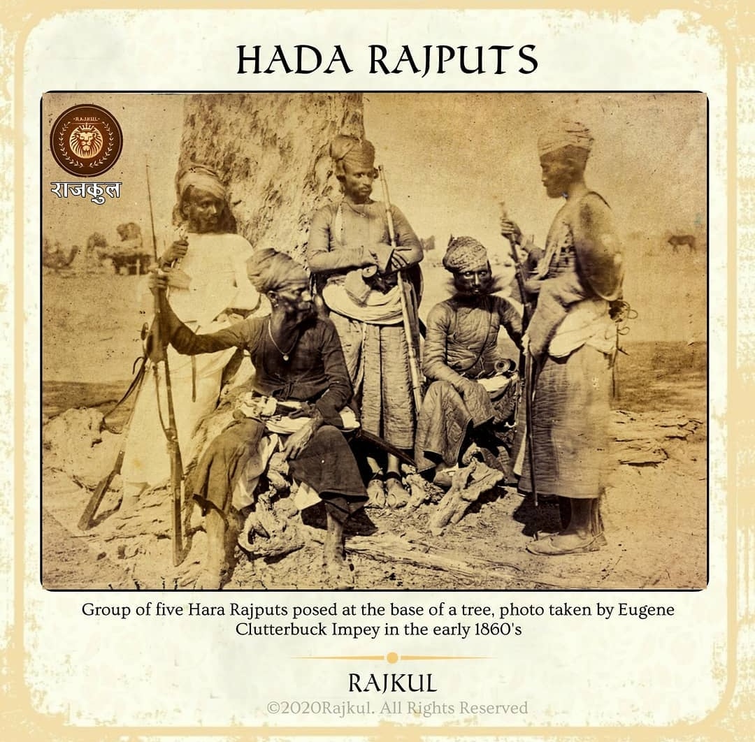1/n Group of five Hada Rajputs posed at the base of a tree, photo taken by Eugene Clutterbuck Impey in the early 1860's, from the Archaeological Survey of India Collections. Impey wrote in 'Delhi, Agra, and Rajputana, illustrated by eighty photographs' (London, 1865)