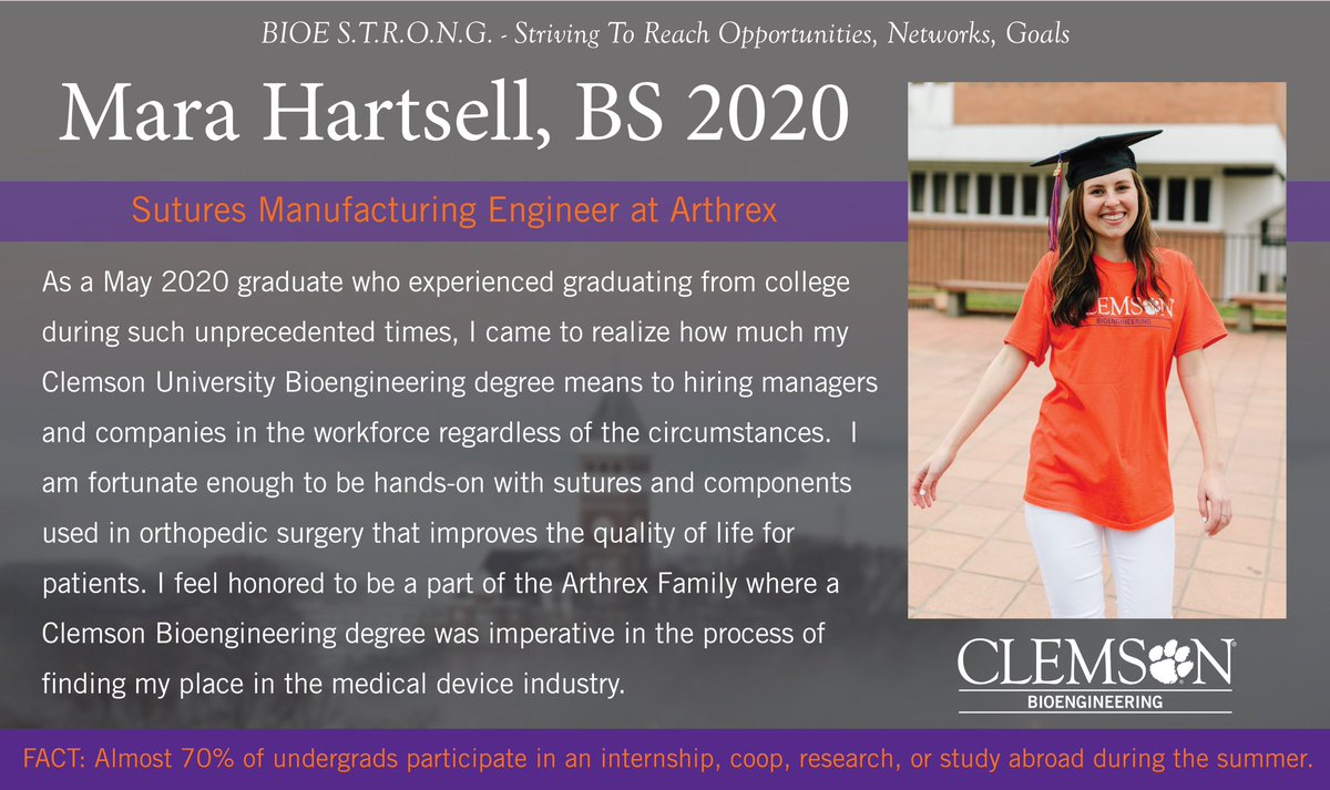 ClemsonBIOE's tweet photo. "I feel honored to be a part of the Arthrex Family where (our mission is Helping Surgeons Treat Their Patients Better, and) a Clemson Bioengineering degree was imperative in finding my place in the medical device industry." -Mara Hartsell #alumnipost #teamCUBioE #BIOESTRONG https://t.co/w5AK1QKEyK
