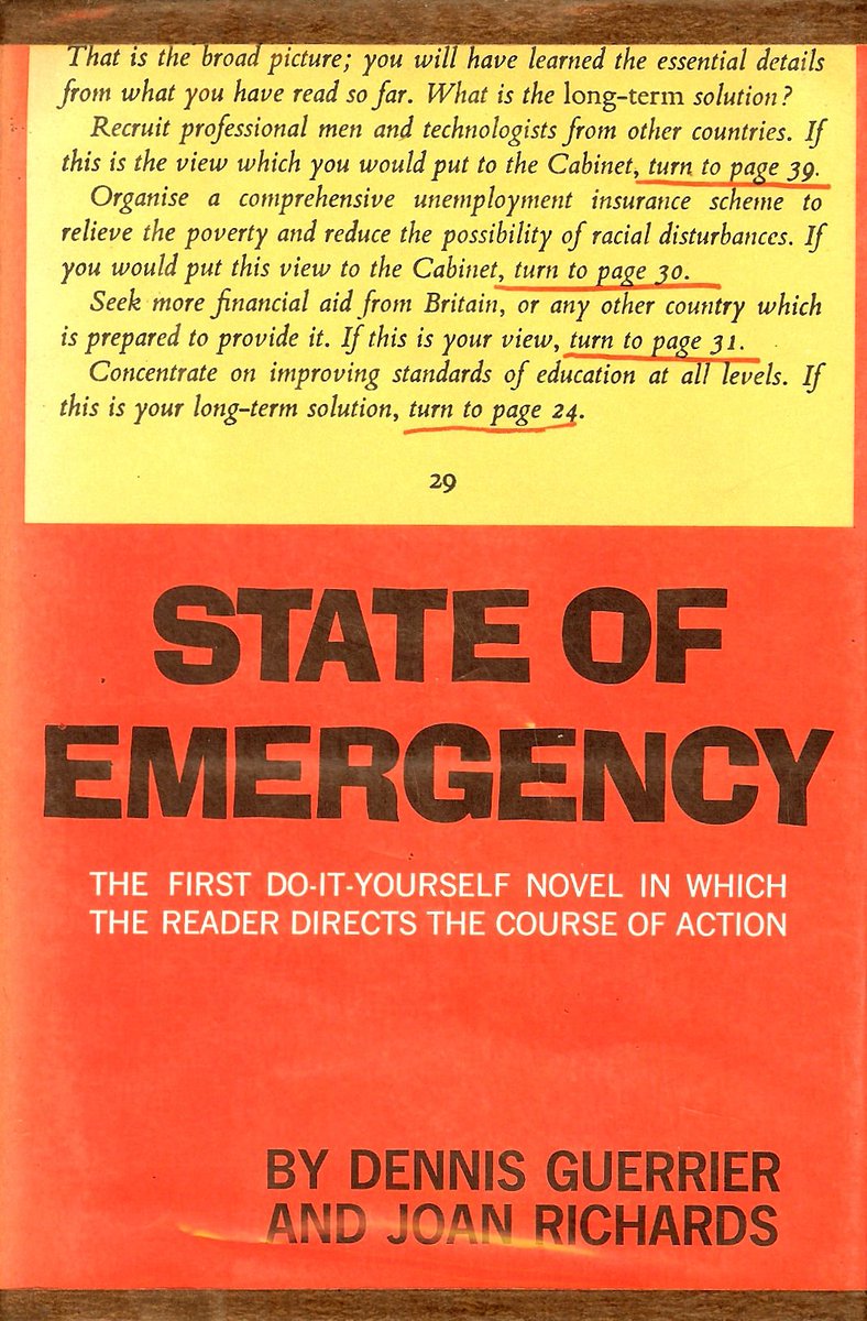 Gamebooks started to appear in the 1960s: State of Emergency by Dennis Guerrier and Joan Richards (1969) used the cover to explain the concept to bemused readers.