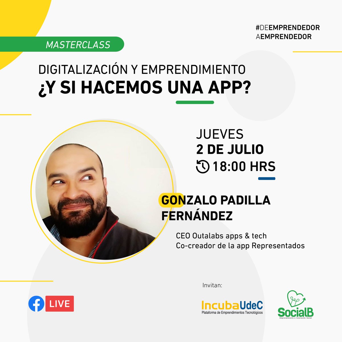 INCUBAUDEC's tweet photo. Nuevamente nos unimos con @coworksocialb para entregarte un espacio lleno de aprendizaje y conversación #DeEmprendedorAEmprendedor con la Masterclass de Gonzalo Padilla, desarrollador tecnológico y creador de la empresa OutaLabs https://t.co/XjYOCa2sQs