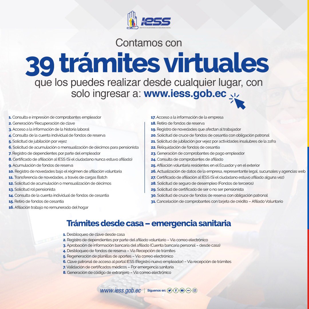 Solo accediendo a nuestra página web iess.gob.ec, tienen a disposición 39 trámites virtuales; sencillo y sin salir de casa. 
#IESSBuenasNoticias