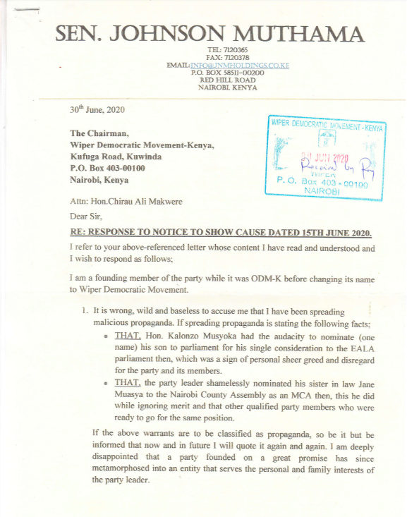 nduyamuthama's tweet photo. Fellow Compatriot,

Please find my attached response to Wiper Democratic Movement- Kenya. I have wished them well and notified them that come 2022, My party will be fielding candidates in all (President to MCA) elective seats. 

Aluta continua https://t.co/dEYS4c7lvZ