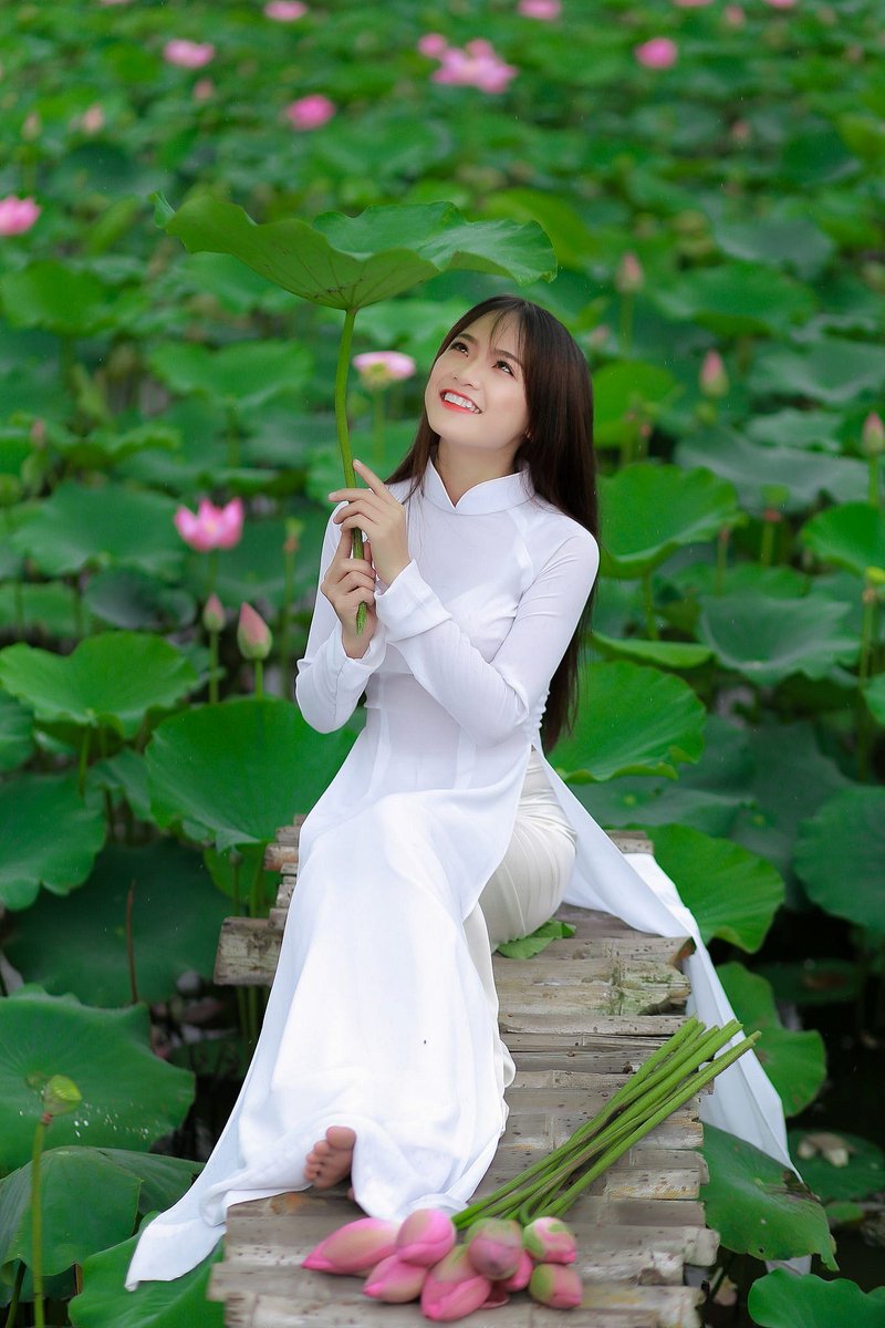 Áo dài with the lotus, which is not officially recognised but generally seen as the national flower of Vietnam.The conventional colour for áo dài in this case is white.
