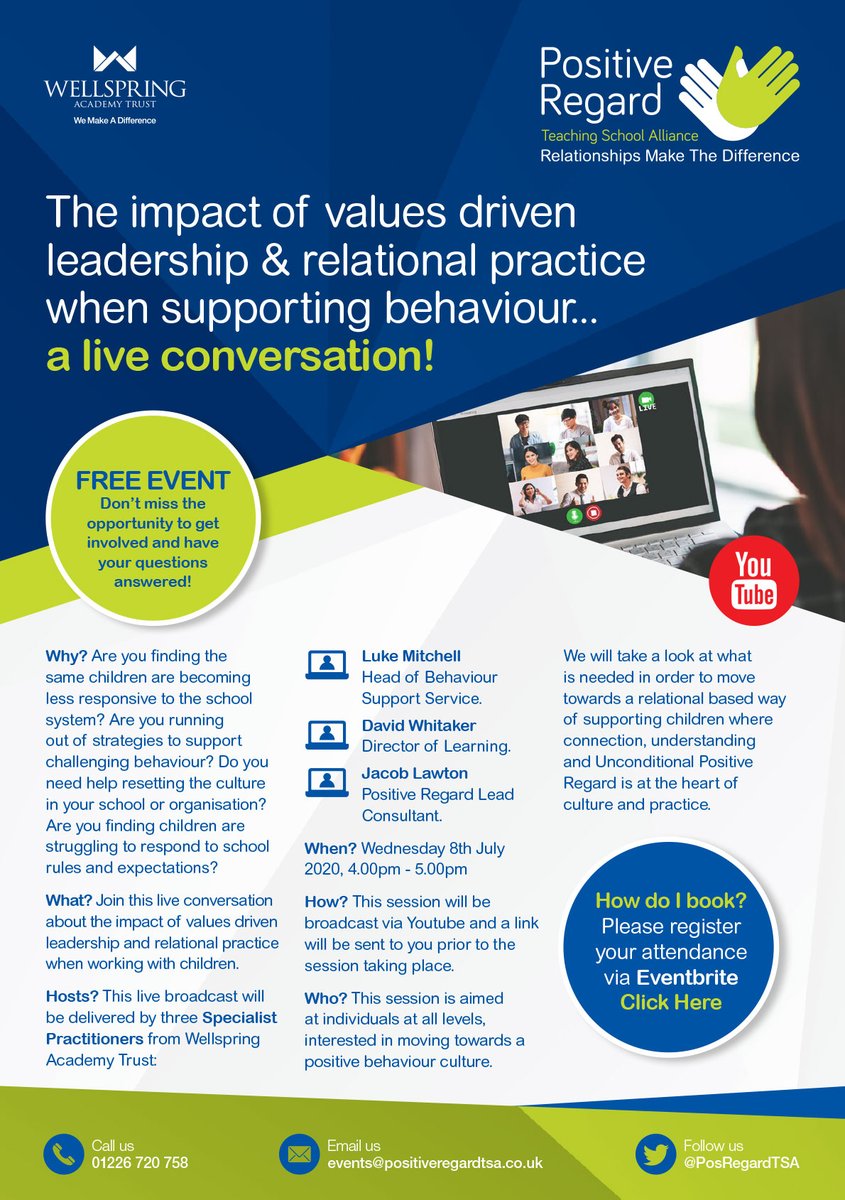 PosRegard's tweet image. Join this live conversation with @davewhitaker246 @MrMitch24 &amp;amp; @je_lawton to look at what is needed in order to move towards a relational based way of supporting children! #Behaviour #RelationalPractice #UnconditionalPositiveRegard #Culture Please visit: eventbrite.co.uk/e/values-drive…