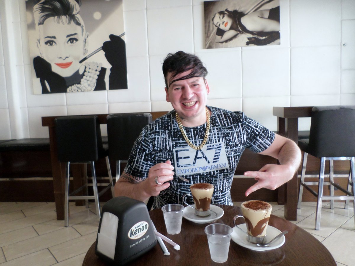 Rick with his 'Shaken Coffee with Saronno's Amaretto and Nutella'. ☕😋 #rickwesley #singer #songwriter #givemethenight #bar #CoffeeShaken #AmarettodiSaronno #nutella #relax #wonderfullife #Summer2k20 #newlook #richkids #Armani