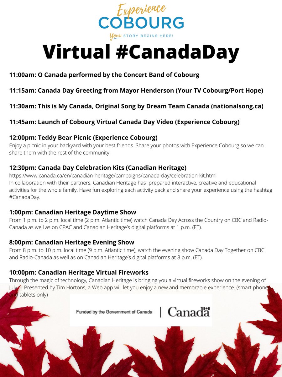 COMMUNITY EVENTS: Here are some of the activities planned for #CANADADAY 2020 in Cobourg and across the nation. Experience Cobourg will be posting local videos and photos all day as well as sharing content from our partner’s at <a href="/CdnHeritage/">Canadian Heritage</a>