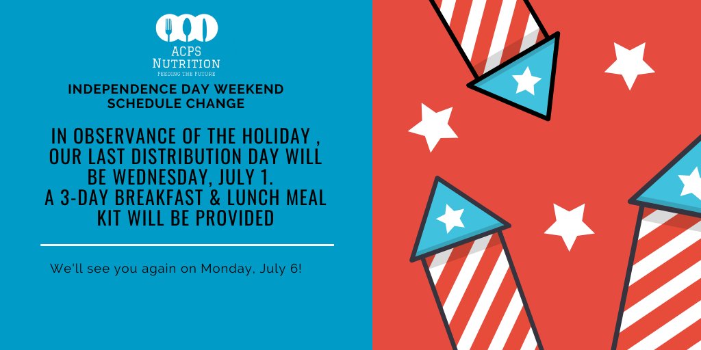 ACPS Nutrition (@acpsnutrition) on Twitter photo Holiday Schedule Change 📣 Our distribution sites will be closed on Friday, July 3. Tomorrow, Wednesday, July 1, we will provide a 3-Day #SummerMeal Kit for all <a href="/AlexandriaVAGov/">AlexandriaVAGov</a> Youth. Normal service resumes Monday. Happy #IndependenceDay! <a href="/ACPSk12/">Alexandria City Public Schools</a> Holiday Schedule Change 📣 Our distribution sites will be closed on Friday, July 3. Tomorrow, Wednesday, July 1, we will provide a 3-Day #SummerMeal Kit for all <a href="/AlexandriaVAGov/">AlexandriaVAGov</a> Youth. Normal service resumes Monday. Happy #IndependenceDay! <a href="/ACPSk12/">Alexandria City Public Schools</a>