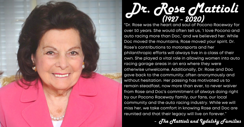 PoconoRaceway's tweet photo. It is with sadness announce Dr. Rose Mattioli, our track’s matriarch, has passed away.

Dr. Rose has left an incredible legacy in motorsports, as well as an unparalleled impact on the Pocono Mountains.

We will miss you, Dr. Rose.

https://t.co/f6D4ctIS9V https://t.co/NGbTPINVm2