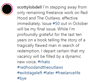 bestofjasontodd's tweet image. OFFICIALY: 
Red Hood and The Outlaws #50 is the last issue by Scott Lobdell. Scott is officialy out from DC Comics!