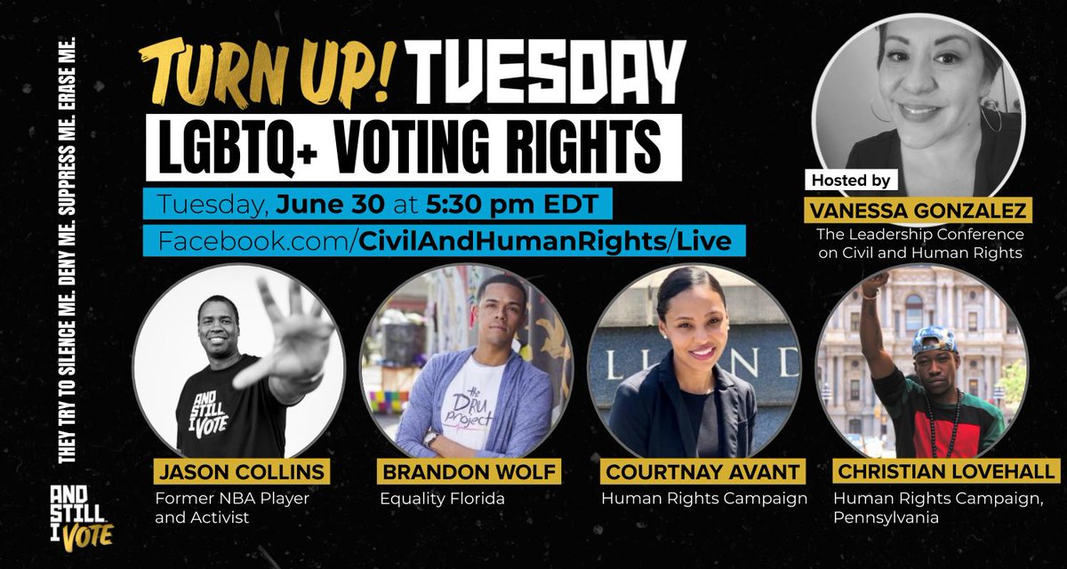 Graphic reads: "Turn Up Tuesday. LGBTQ+ voting rights. Tuesday, June 30, at 5:30pm ET." The graphic also shows a link to our Facebook page and includes the images, names, and affiliations of the event participants.
