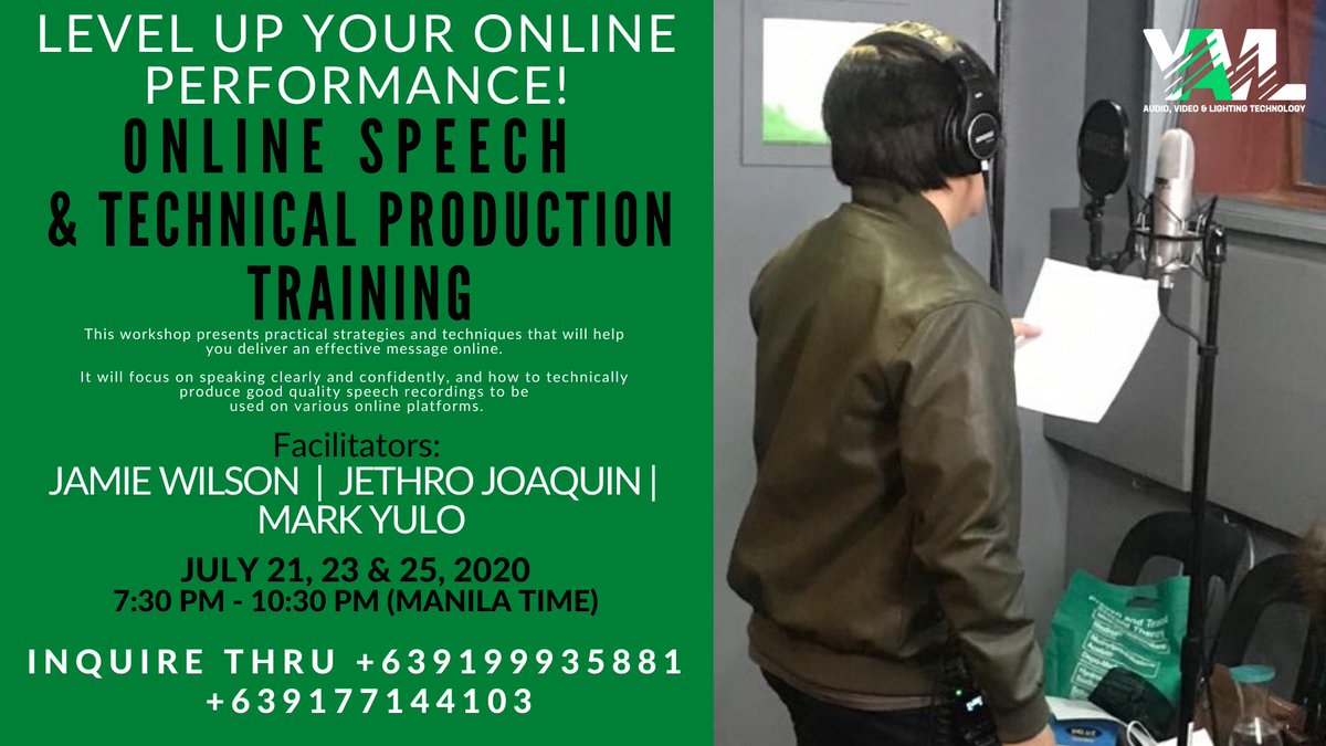markyuloaudio's tweet image. Level up your Online Performance!
ONLINE SPEECH &amp;amp; TECHNICAL PRODUCTION TRAINING
JULY 21, 23 &amp;amp; 25, 2020
7:30 - 10:30 PM (Manila time)

Contact +639199935881 | +639177144103 to register Now!

This workshop presents practical strategies and techniques