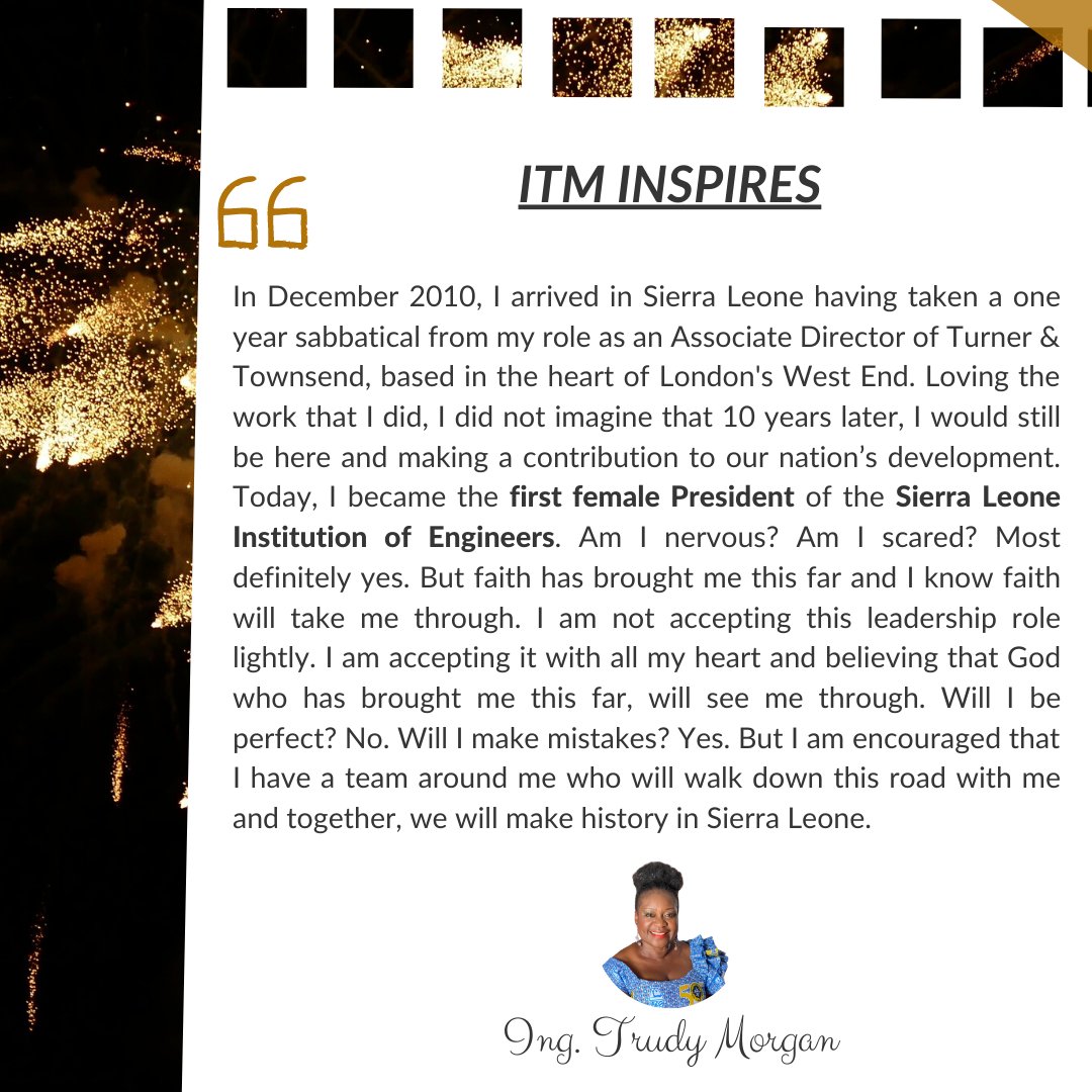 IngTrudyMorgan's tweet photo. I thank God for His mercy and grace which has brought me to this point where today I have been installed as the first female President of the Sierra Leone Institution of Engineers, in the
50th year of the Institution’s existence. 

#LessonsFromTheMountain #IngTrudyMorganInspires https://t.co/SZlIMSltkD