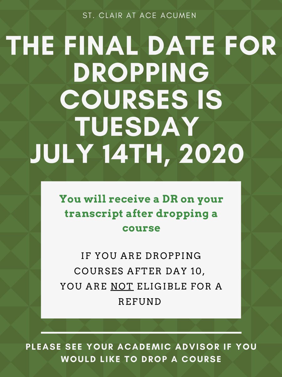 Hello Saints! Reminder that the deadline to drop any courses for the Spring 2020 Semester is Tuesday July 14th. You will receive a "DR" on your transcript, and it will not affect your GPA! Email your advisors if you have any questions!