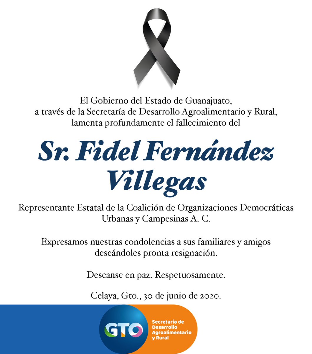 campogobgente's tweet photo. Lamentamos el fallecimiento del Sr. Fidel Fernández Villegas. Representante Estatal de la Coalición de Organizaciones Democráticas Urbanas y Campesinas A.C. Expresamos nuestras condolencias a familiares y amigos. https://t.co/TJPFZFlzqQ