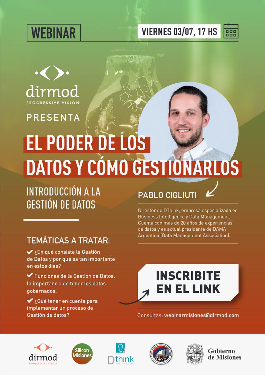 DthinkData's tweet photo. Nuestro Director @pabcig participará del ciclo de webinars organizado por @gobmisiones y #Dirmod. Su charla se centrará en Data Management: “El poder de los Datos y cómo gestionarlos”. 🗓 3/7 ⏰ 17hrs. Inscripción libre y gratuita 👉🏻 https://t.co/9G6tAwvV0O https://t.co/B4pbISFt3Z