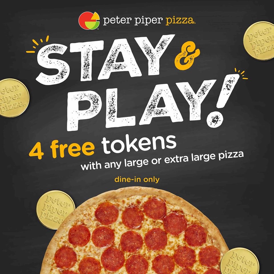 PCctx's tweet image. Come for the pizza 🍕 stay for the fun!  For a limited time, when you order any large or extra large pizza, you’ll receive four free tokens!  Dine-in only.