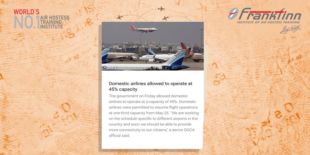 _FlyHigh's tweet photo. The Government has allowed Domestic Airlines to operate at a capacity of 45 per cent.
#TuesdayTelegram
#Frankfinn #FlyHigh #India #Aviation #Civil #Services #Airport #Aircrat #DomesticAirlines #Flights #Takeoff #Landing #Arrival #Departure #Government #Operations #Covid19 https://t.co/NawK2MxhJz