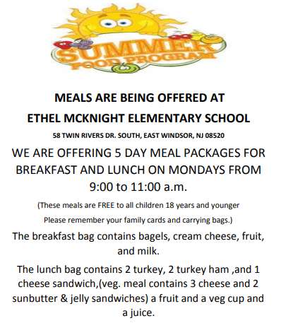 Chartwells is offering 5-day meal packages for breakfast and lunch on Mondays from 9:00 to 11:00 a.m. at Ethel McKnight Elementary School. These meals are FREE to all children 18 years and younger.