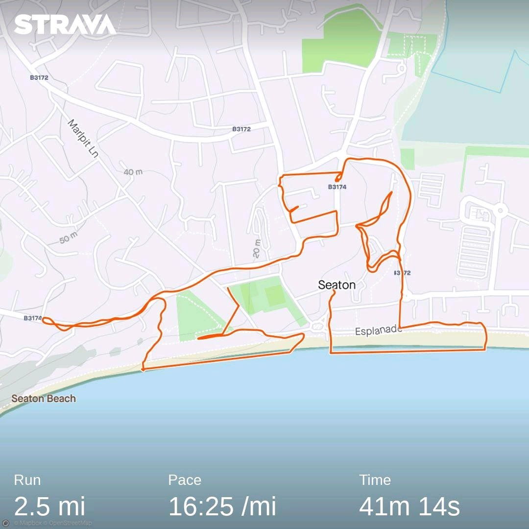 I've been missing parkrun so to combine two of my favourite activities, running and art, I'm doing drawings  using my Strava app in the streets of Seaton. It's both fun and frustrating if I don't get it right and have to do it again! I had to do this one four times.