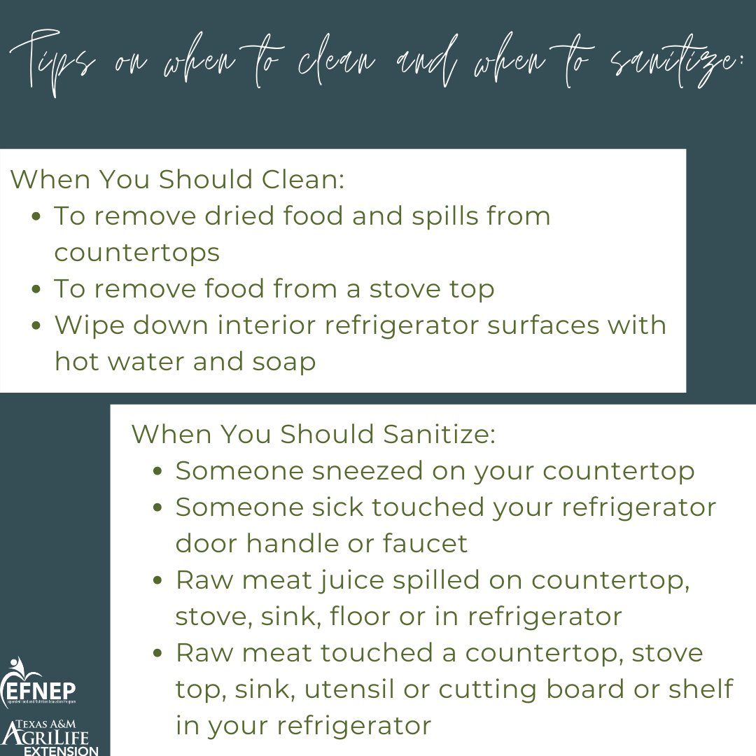 Cleaning removes dirt and germs from surfaces or object – using soap and water to physically remove them. Sanitizing lowers the number of germs by disinfecting surfaces or objects using a diluted liquid chlorine bleach.
Source: fightbac.org/food-safety-ba…
#EFNEP #TXEFNEP #EFNEPworks