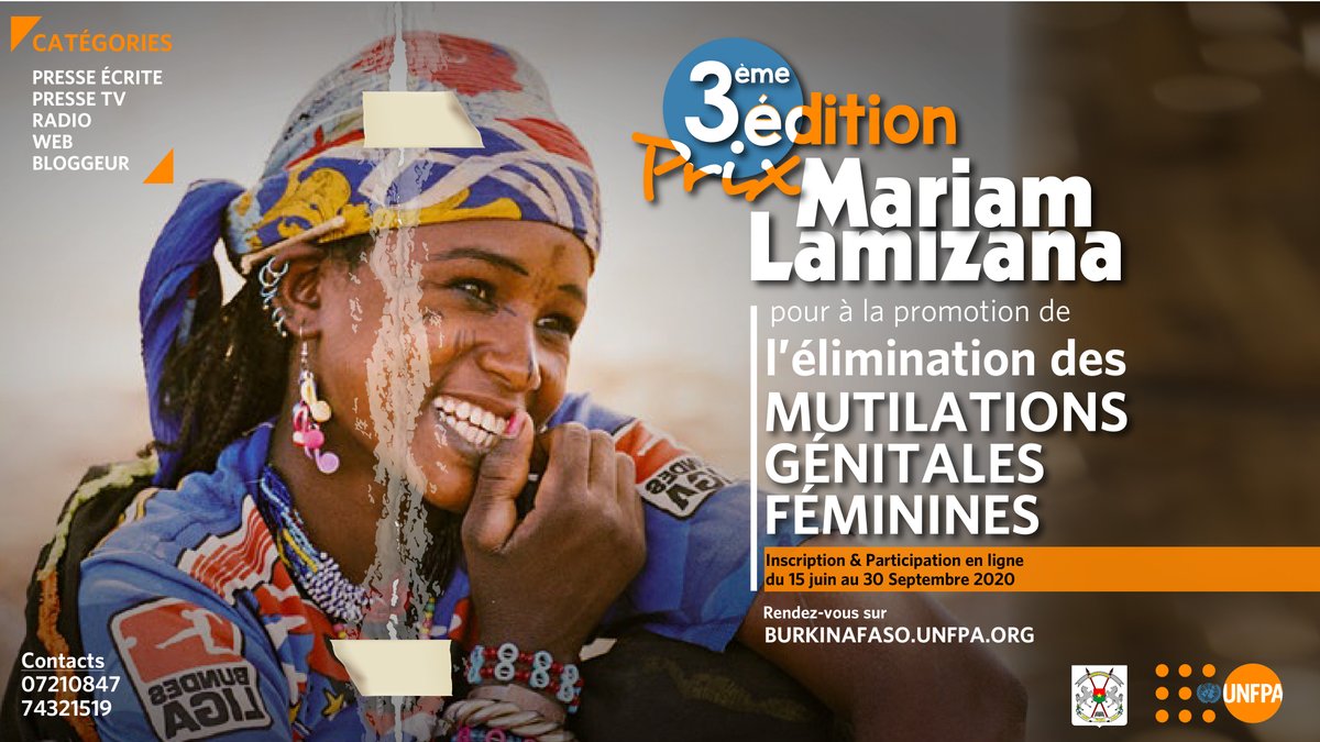 Vous êtes :
✅Journaliste TV
✅Journaliste Radio
✅Bloggeurs
✅Acteurs des médias y compris le digital 
💪💪Vous avez déjà produit du contenu en rapport avec les #MGF au #BurkinaFaso

Participez au PRIX MARIAM LAMIZANA #PML3 ➔ urlz.fr/dnla
Deadline : 30 septembre 2020
