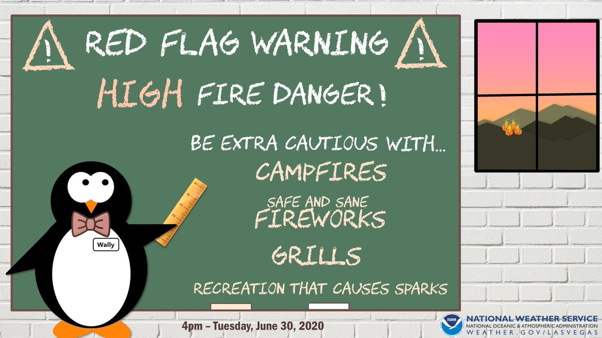 NWSVegas's tweet photo. Red Flag Warning: WED 11a-8p for much of southern Nevada.

What does that mean??

🔥 HIGH fire danger 🔥 Exercise extra CAUTION with campfires, fireworks, grills or other activities that could cause sparks. Wildfires could quickly start or spread!

#VegasWeather #NvWx #CaWx #AzWx https://t.co/TifPRpf43A