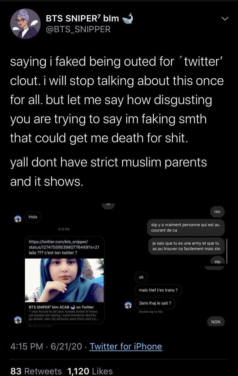 The DM conversation that snipper posted to show they were “outed” was with a friend named Rim. This is Rim. You can see the profile picture matches the one on FB.