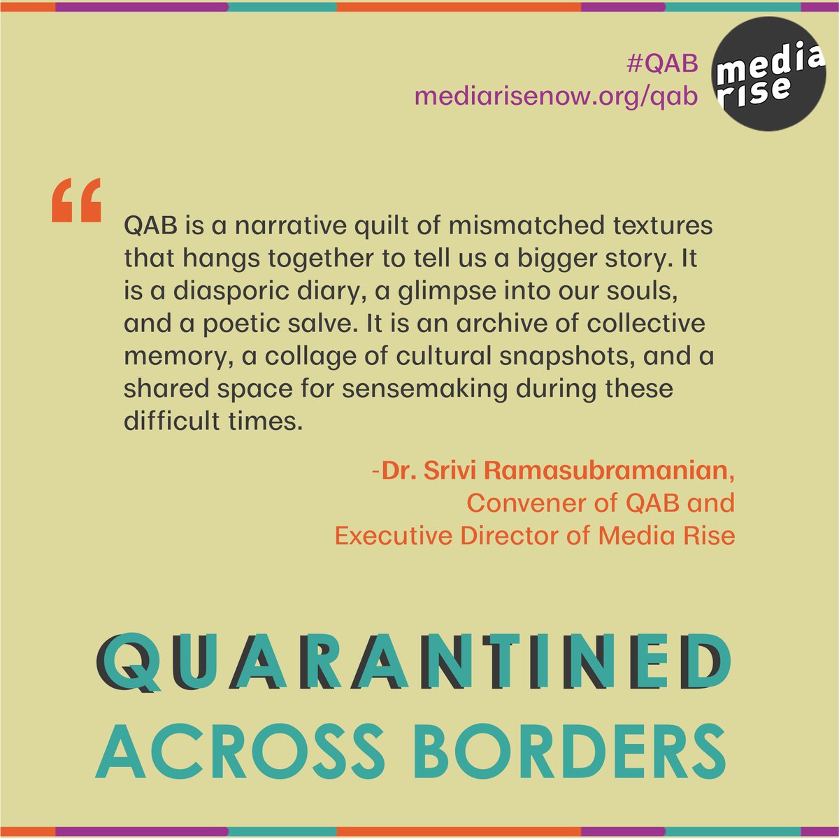 Media Rise (@mediarisenow) on Twitter photo The Quarantined Across Borders series by
<a href="/MediaRiseNow/">Media Rise</a> has concluded. Head over to mediarisenow.org/qab to read the stories. Thank you for your support! #risewithus #mediarise #quarantinedacrossborders The Quarantined Across Borders series by
<a href="/MediaRiseNow/">Media Rise</a> has concluded. Head over to mediarisenow.org/qab to read the stories. Thank you for your support! #risewithus #mediarise #quarantinedacrossborders